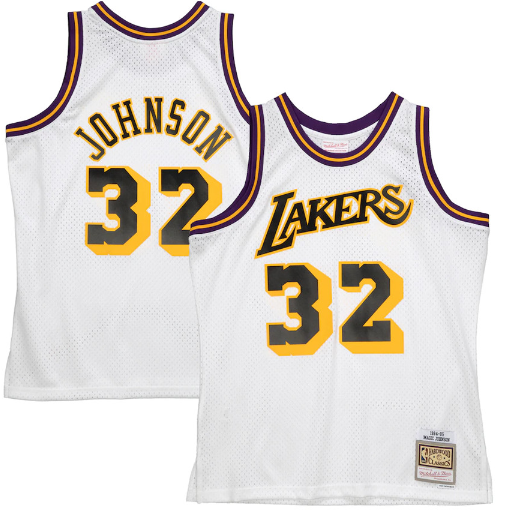 Men's Los Angeles Lakers #32 Magic Johnson Mitchell & Ness White 1984-85 Hardwood Classics Reload Jersey Men's Los Angeles Lakers #32 Magic Johnson Mitchell & Ness White 1984-85 Hardwood Classics Reload Jersey